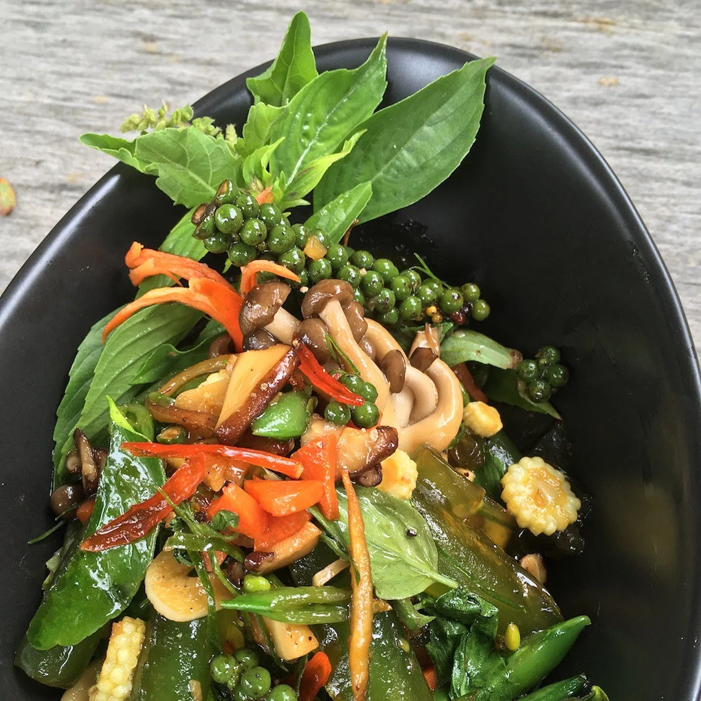 Fresh herbs, green peppers, jade noodles and mushrooms — Green Thai Cuisine — Blue Lotus Hua Hin