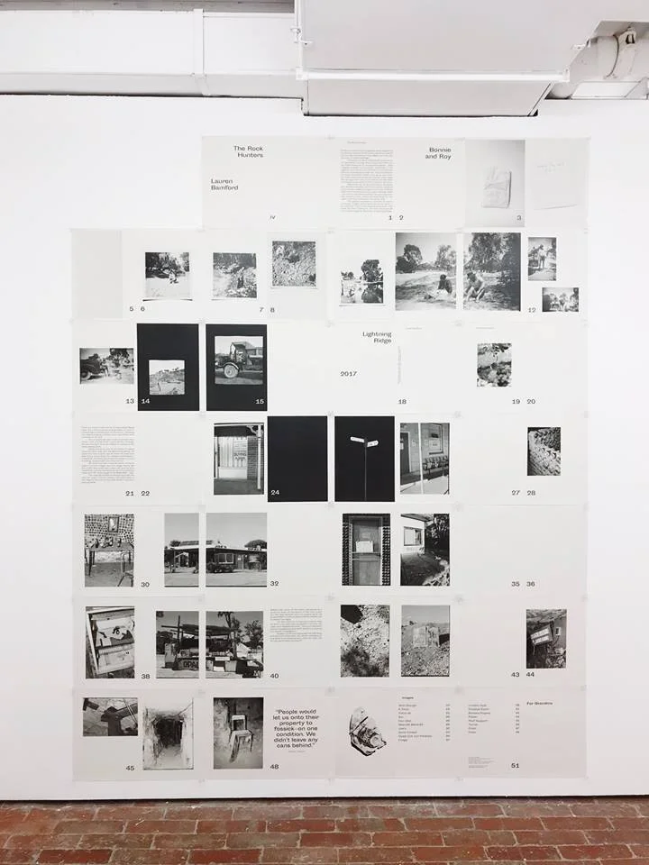 The Rock Hunters book and flatplan were presented alongside Bamford's exhibition at c3 Contemporary Art Space . Published by Tempo Haus (Melbourne). Photo courtesy of Lauren Bamford.