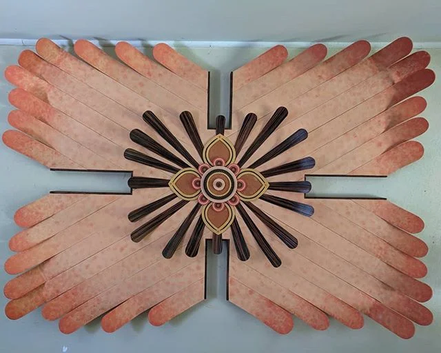 Is it just me, or does this seem to wave hello? Final dimensions 64&quot; x 47&quot;
Reclaimed lath frame, Zebra wood center, wood, paint, rice paper, antique bracelet, brooch center, and gold unders.