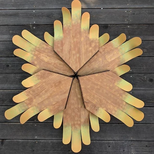 Just finished up Hexagon Hands. Made up of 6 individual assemblies stacked in 2 layers.
48&quot; diameter overall.
Constructed of steamed then bent wood, reclaimed lath frames, and paint.
Working out if it needs 1 more center piece layer or not.