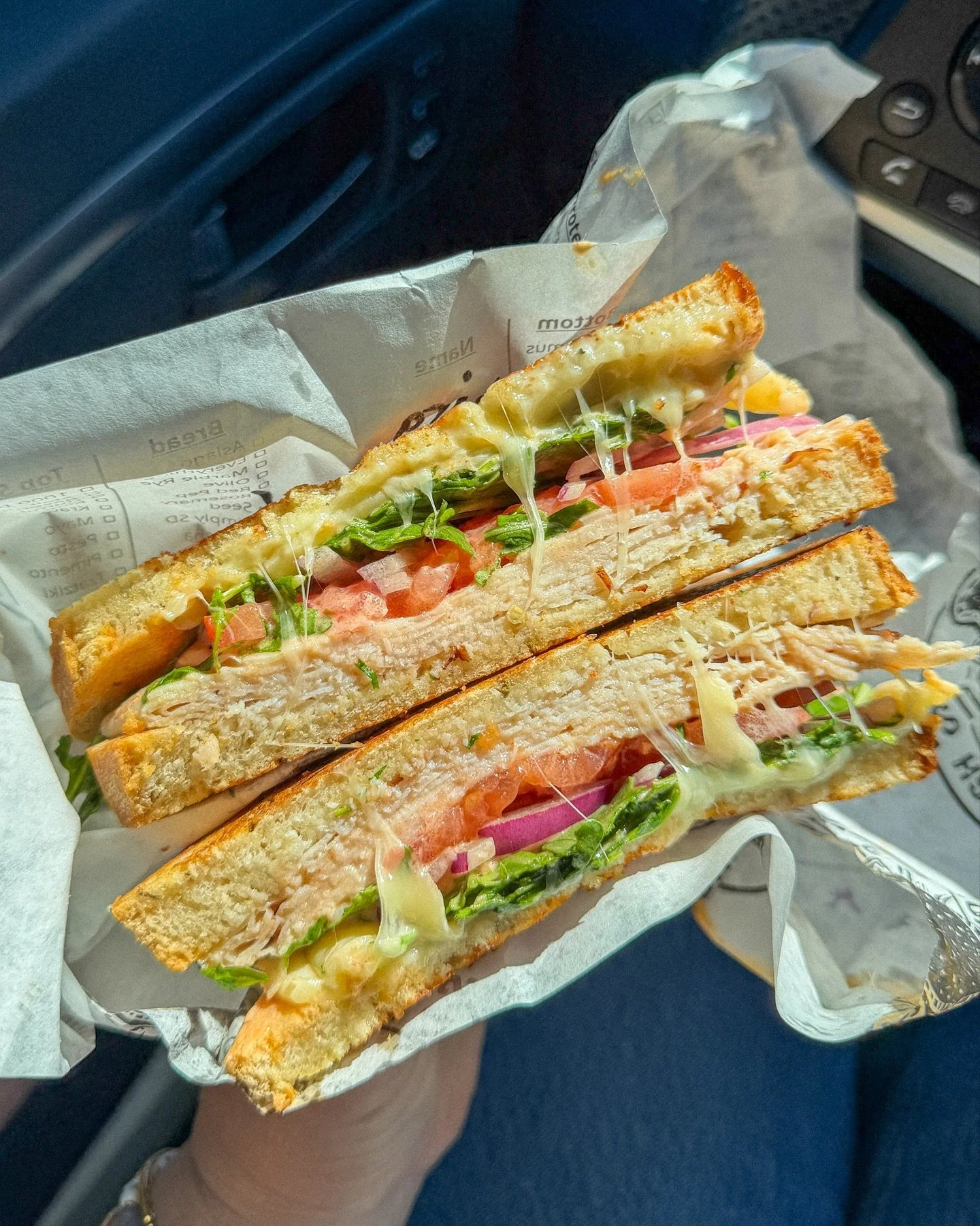 Buffalo-Ranch Turkey Pressed Sandwich with cheese, lettuce, tomato and onion on Rosemary Garlic Sourdough from @gulfcoastsourdough! 🤤🥪 

#thisbabeeats #sourdoughsandwich #tampa