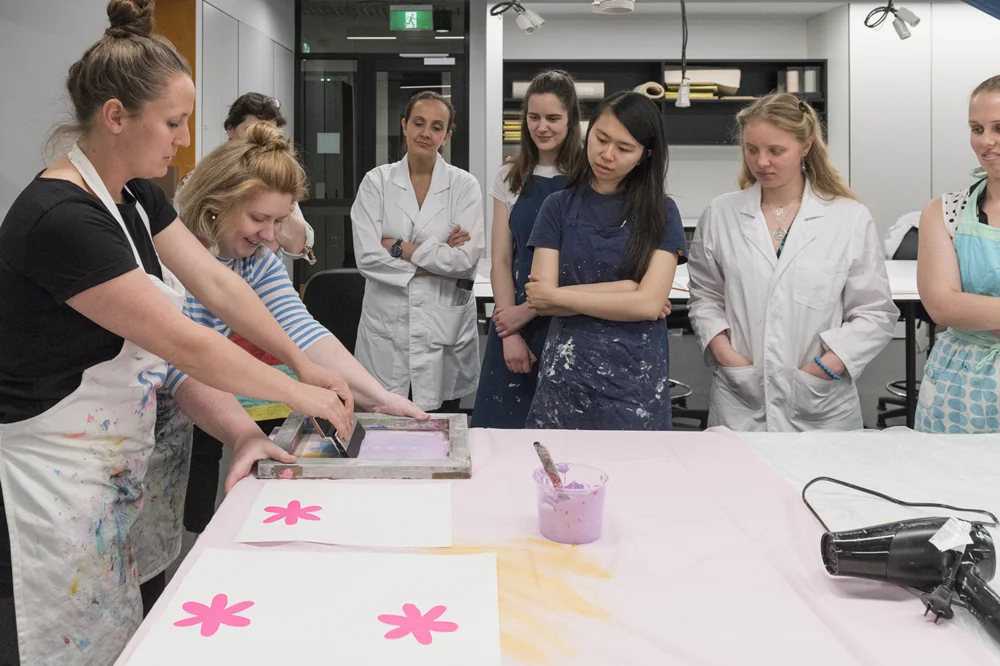 Home-Work's Lara + Jess show demonstrate the art of screen printing a two-colour design 