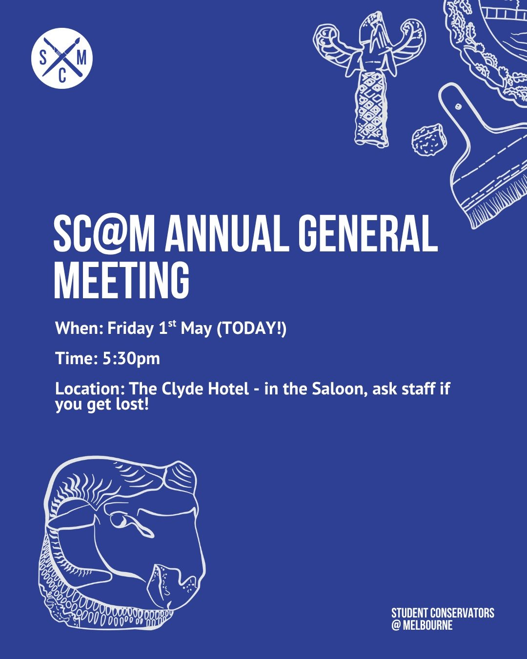 SC@M's Annual General Meeting is tonight!!
 
If you are interested in becoming a part of the committee, you can nominate yourself in the meeting- all positions are open.

Also, we need a quorum of members and students so if you are free and around un