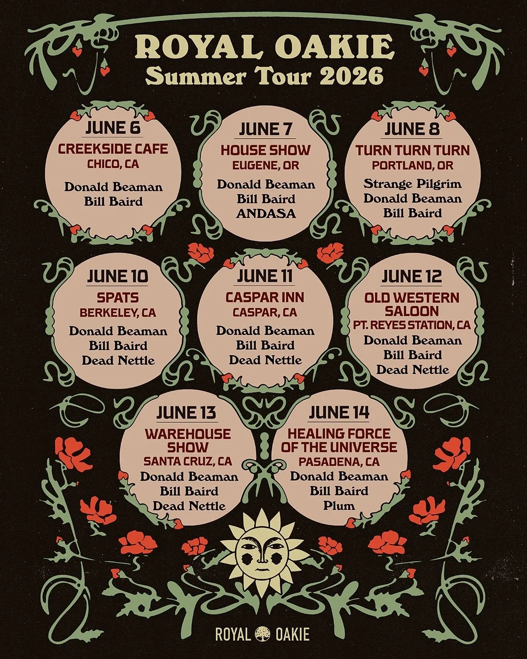 ☀️Royal Oakie Summer Tour 2026 begins this week☀️Eight West Coast shows from Portland to Pasadena - featuring Donald Beaman, Bill Baird, Strange Pilgrim, Dead Nettle, and special guests✨Full list of dates below, tickets available now at link in bio🎟