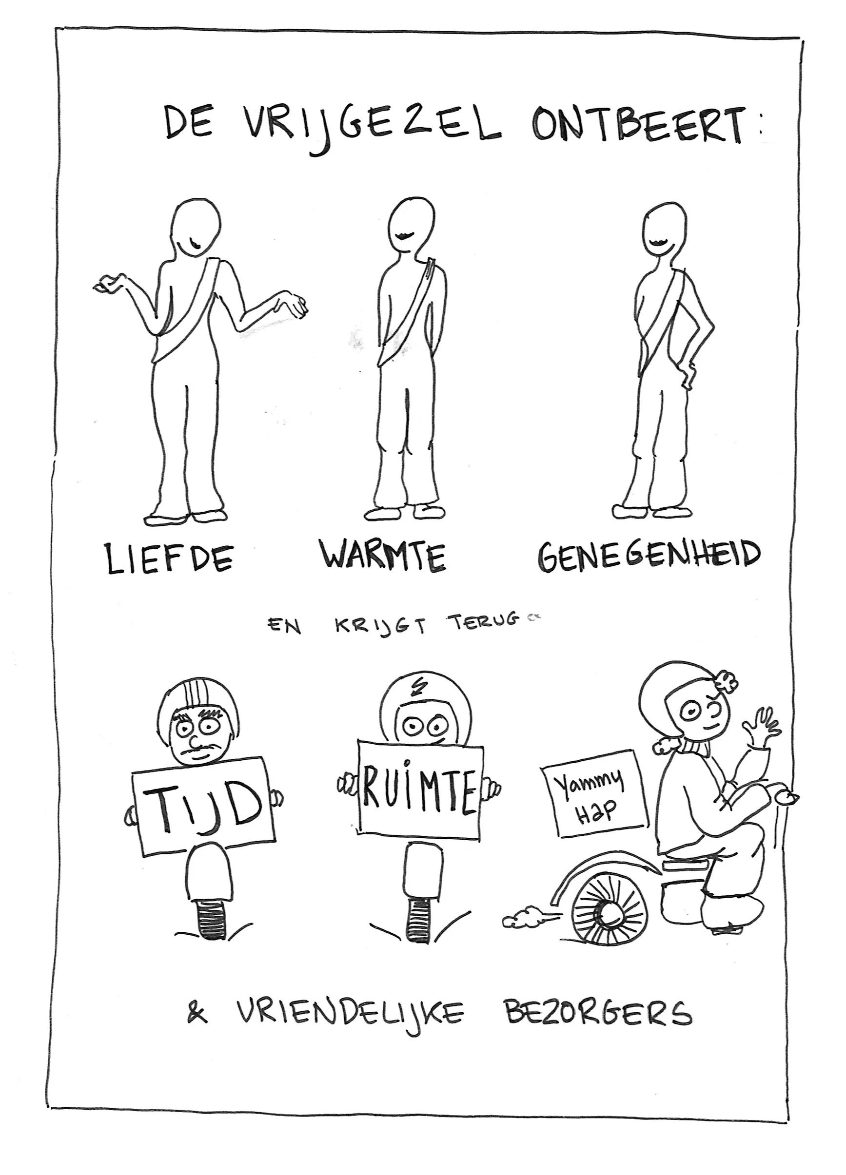 deze moet ik opnieuw tekenen want het is niet duidelijk dat het gaat over wat de vrijgezel ontbeert en wat hij terugkrijgt. De woorden "krijgt terug" moeten wat groter.