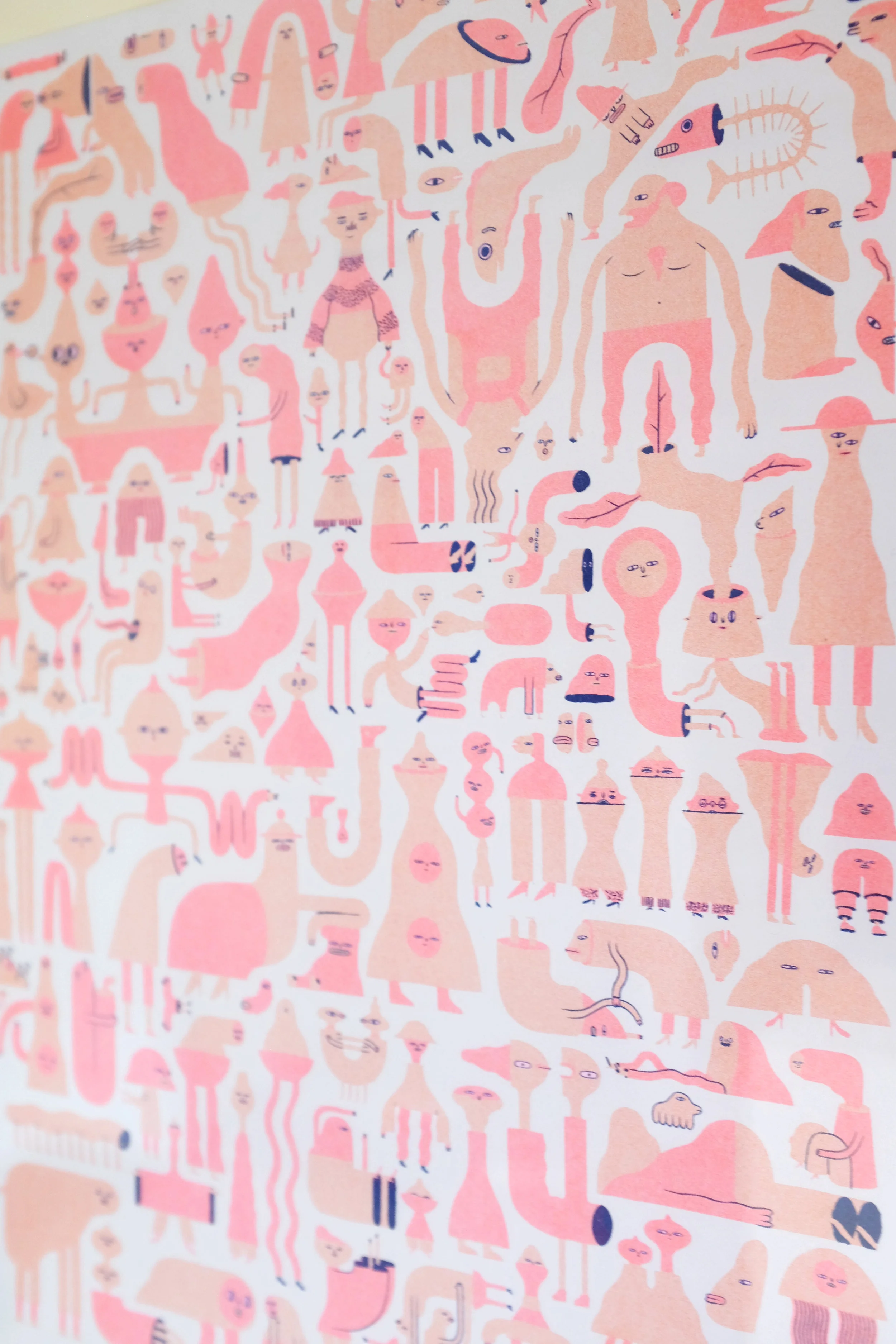 Wobbleparty 3-colour Riso print, features 150 individual characters.