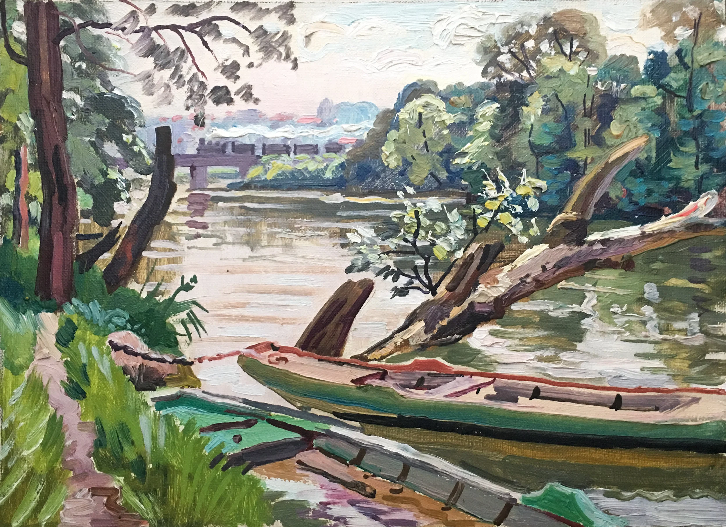 Saint Maur, Arbre et barques avec train passant