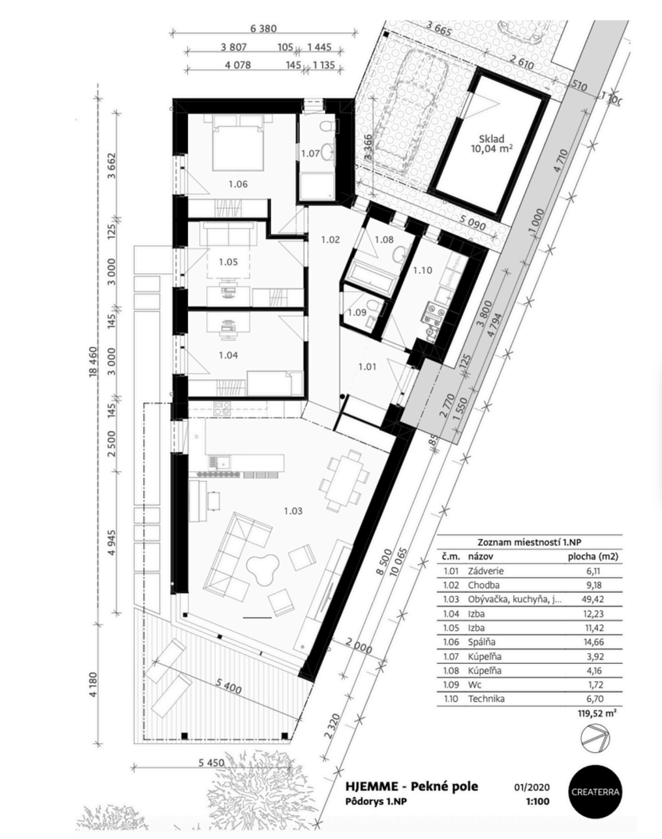 Architectural floor plan of a house showing various rooms, measurements, and layout details, with a legend listing room names and sizes.