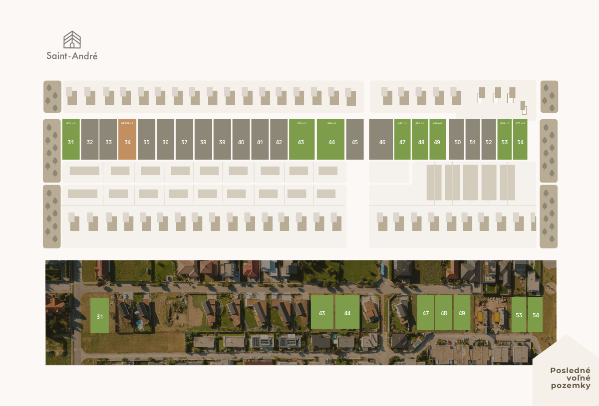 Site map and aerial view of a housing development with numbered lots, some marked as reserved and others available.