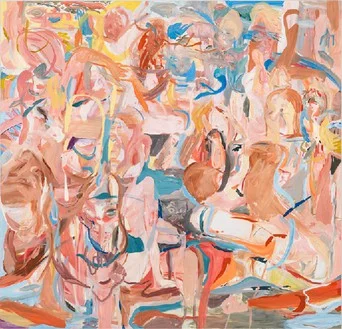 At first glance this painting is just shapes and marks. The longer I stare at the painting the more I begin to realize the figures that are coming in and out of the painting.