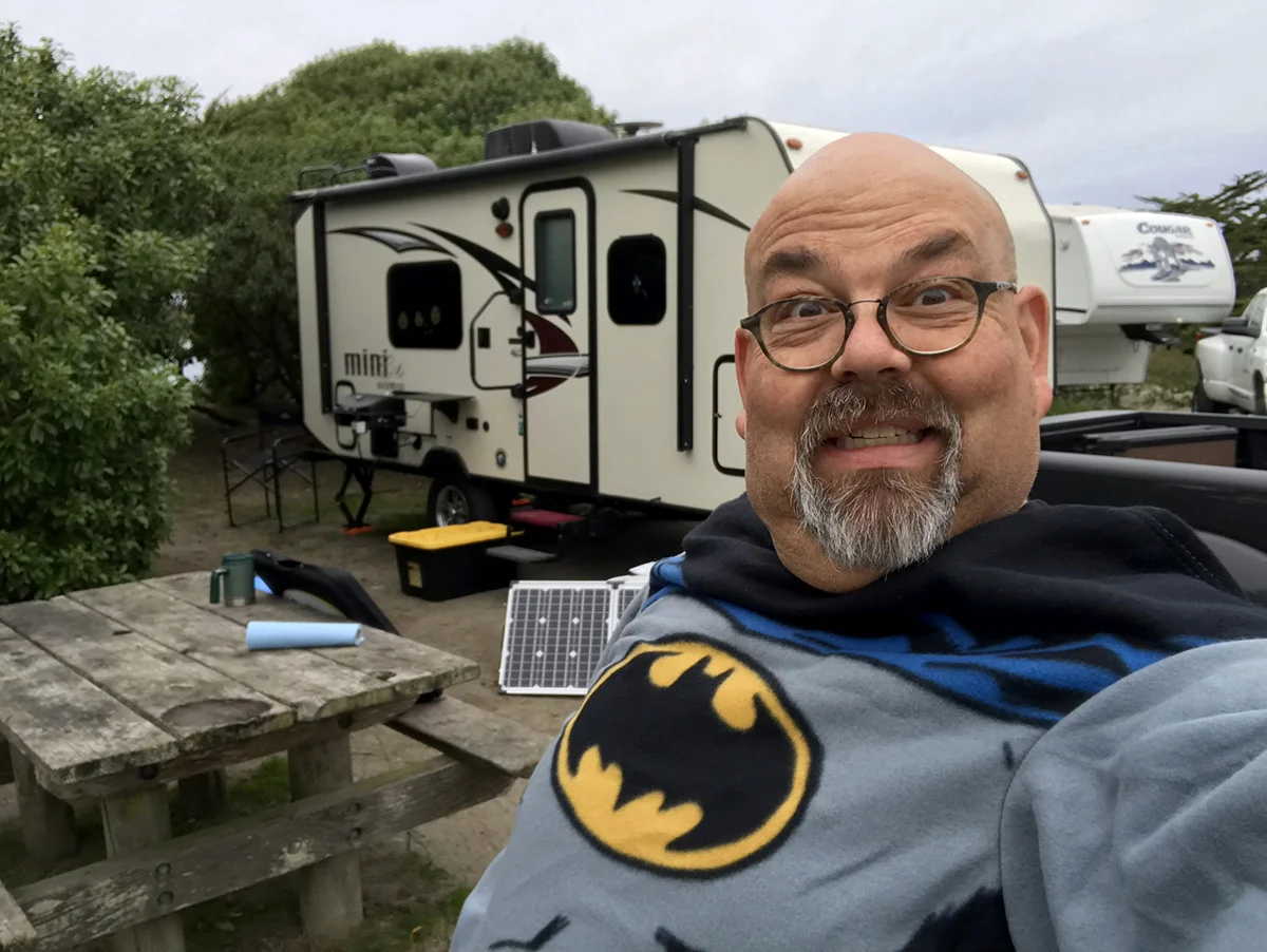 Our GoPower solar panels do their job even while winter camping! Yeah, I did bring a Batman Snuggie. 