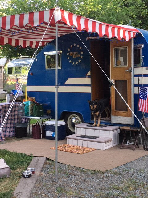 Deborah Maddock and her 1950 Aljoa trailer "Betsy Ross" 