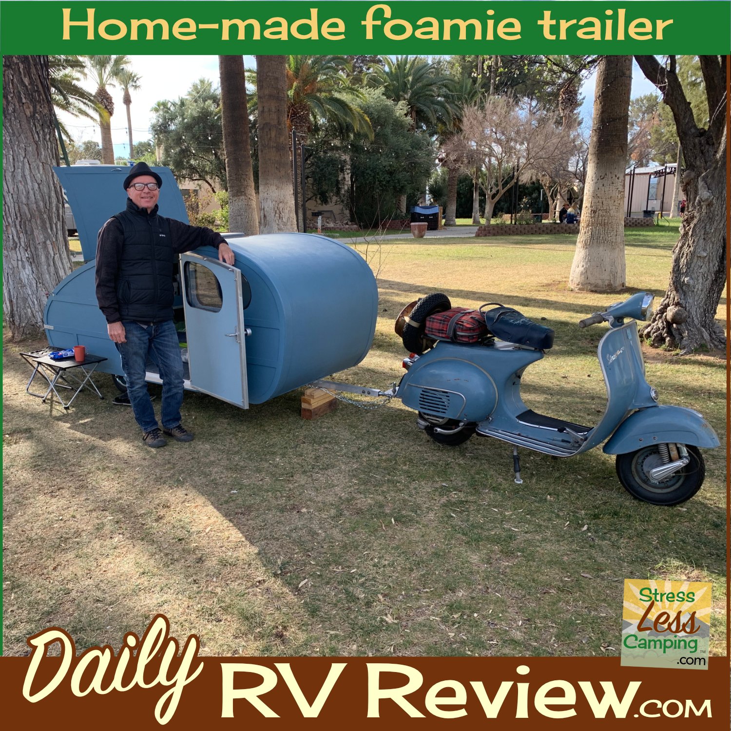 A home-made foamie trailer - towed by a Vespa!