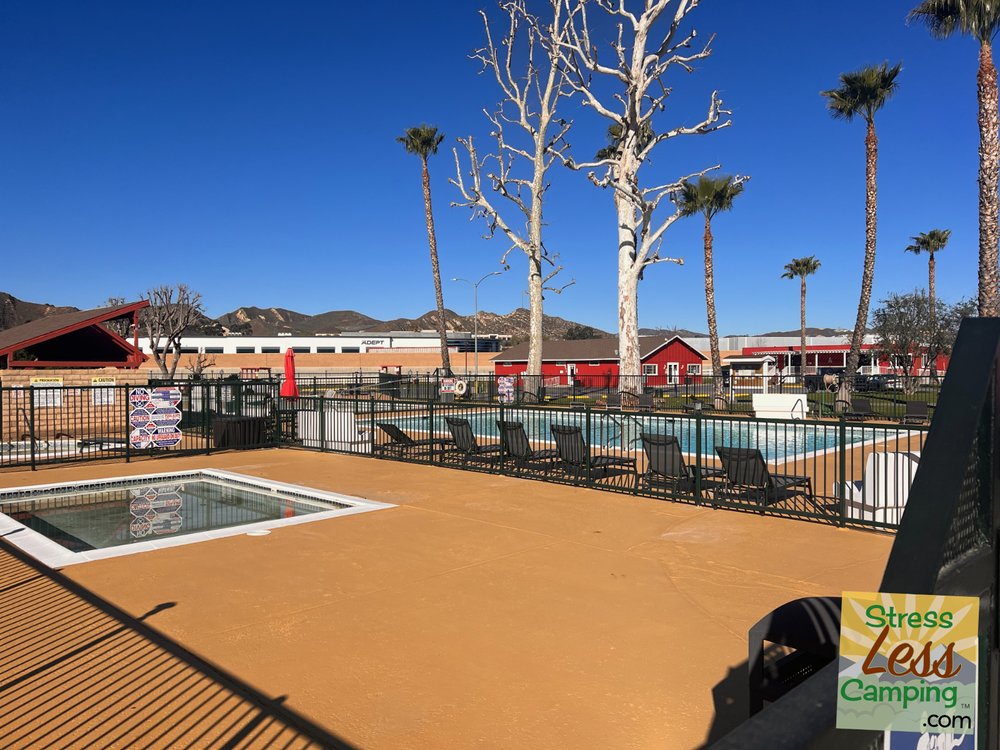 Several pools and a hot tub at Valencia Travel Village RV park in Castaic California.jpg