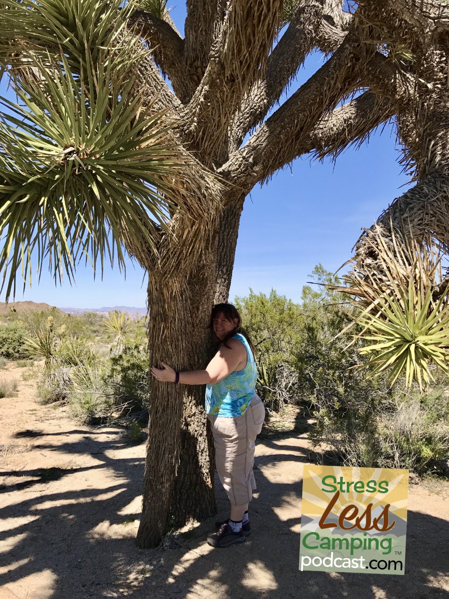 Peggy hugs a Joshua Tree at Joshua Tree National Park in California