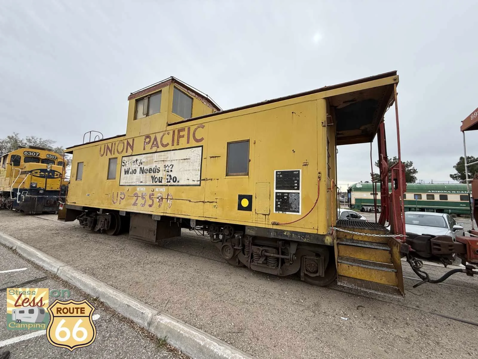 Several pieces of railroad history outside the Barstow Station including this UP Safety Caboose.jpg