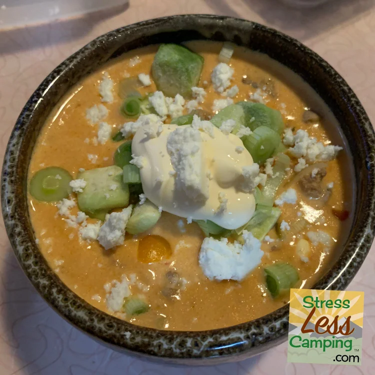 Campground Dutch oven creamy taco soup recipe StressLess Camping RV