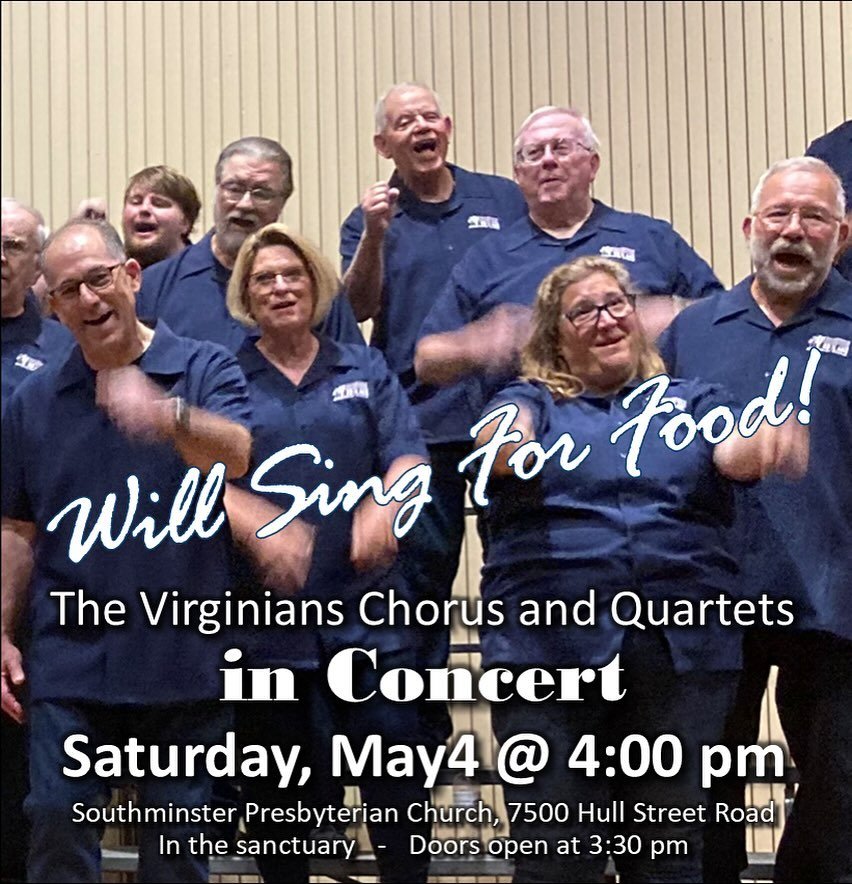 Grab your cans and boxes of nonperishable food items and join us this Saturday for a concert to help fill the Southminster Presbyterian Church's food closet!  We love to sing and will do it for just about anything, even for food!  #willsingforfood #g