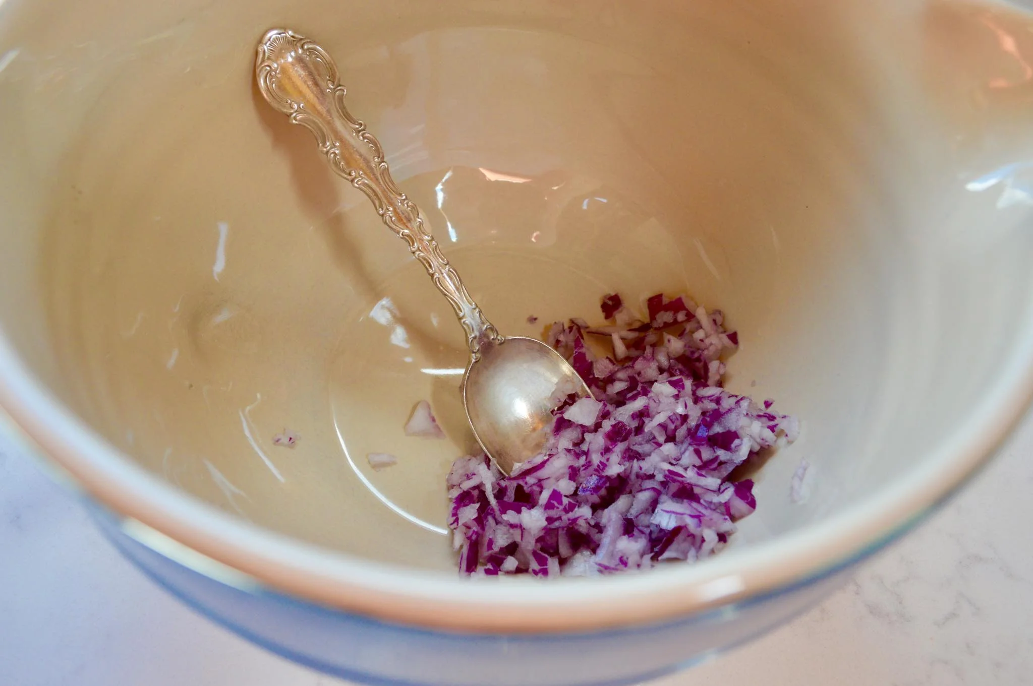 red onion, silver, le crueset, salad