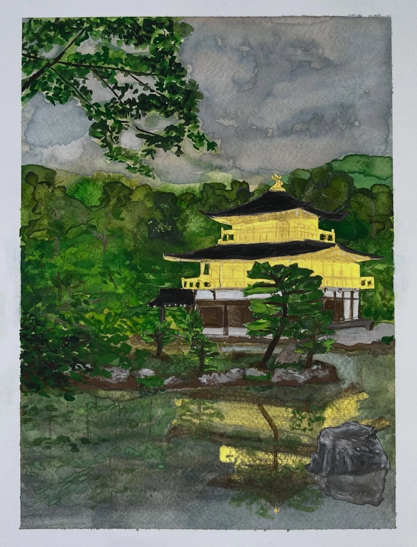 Mixed Media Kinkakuji Landscape! Made with gouache, watercolor and colored pencil on watercolor paper and illustration board. Inspired by my travel photos. Thinking of making some prints to sell for circa 35$ and also made a color edit. Let me know i
