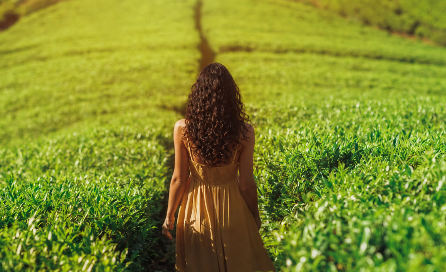 Woman in a flowing tan dress walking along a narrow path through a lush green field, symbolizing trust, surrender, and following God's direction.