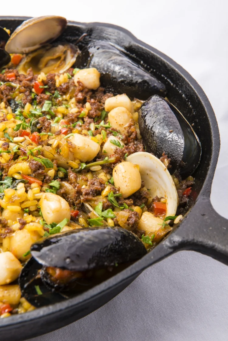 Paella La Florida, Mussels, Clams, Scallops, Chorizo, Saffron, Valencia Rice