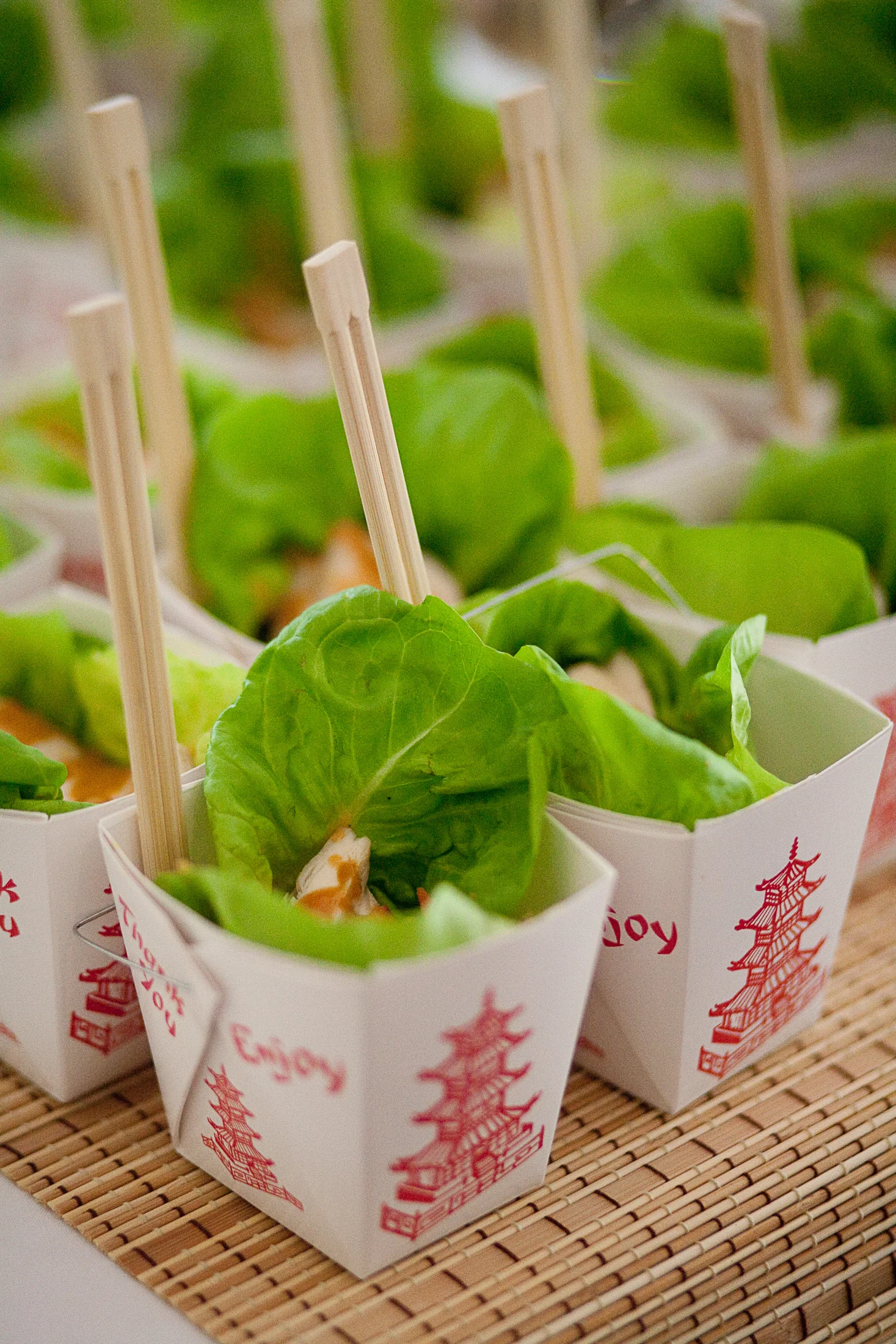 Chicken Satay Boxes, Shredded Asian Slaw, Peanut Miso Dressing, Boston Bibb Lettuce Cup
