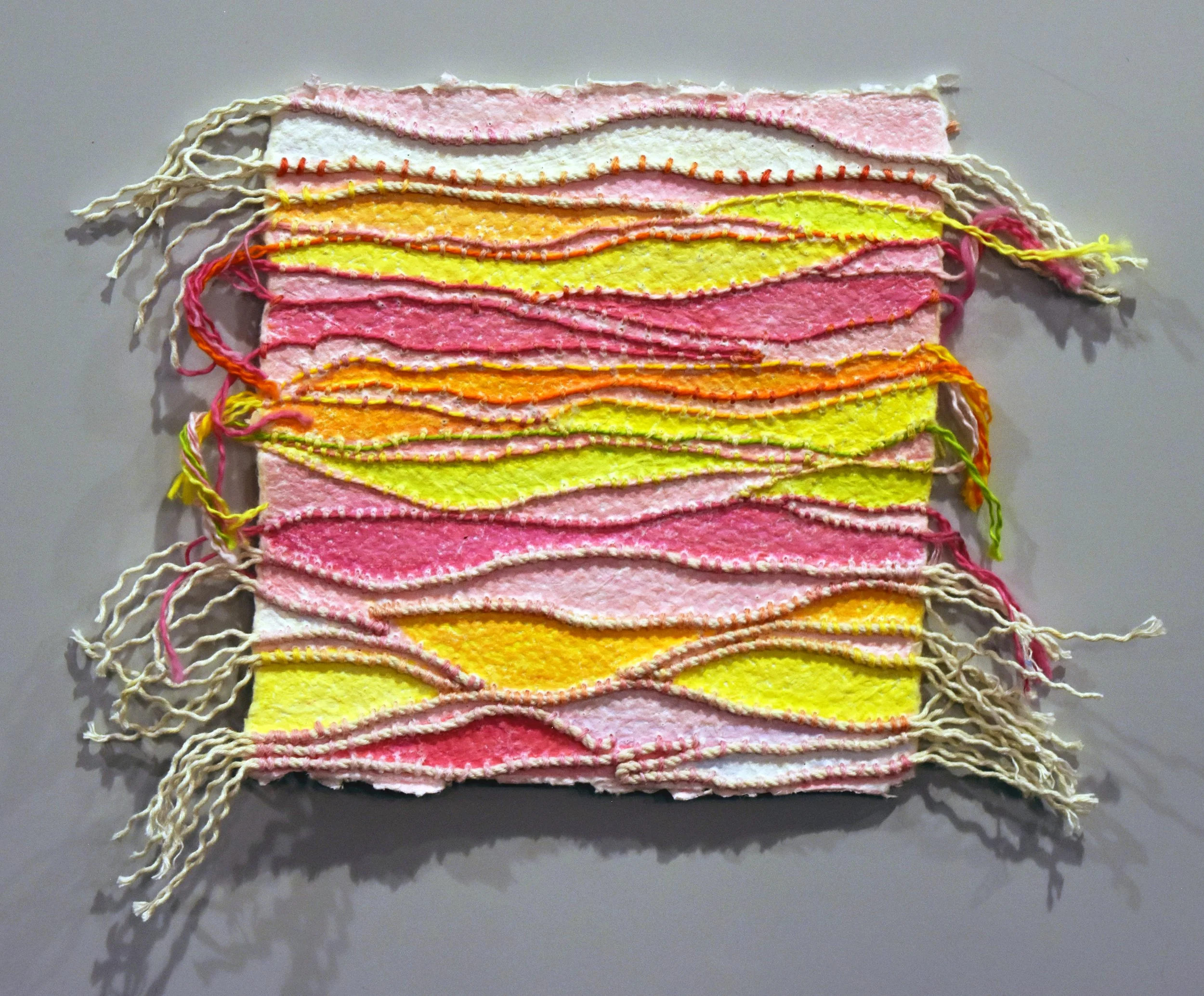 "Meander/Entwine" - Mixed Media (Butcher’s Twine; Colored Pencil; Embroidery Thread on Shizen Handmade Watercolor Paper) 6-1/2” H x 10”W x 1/16”D. 2022. Photo: June Krinsky-Rudder