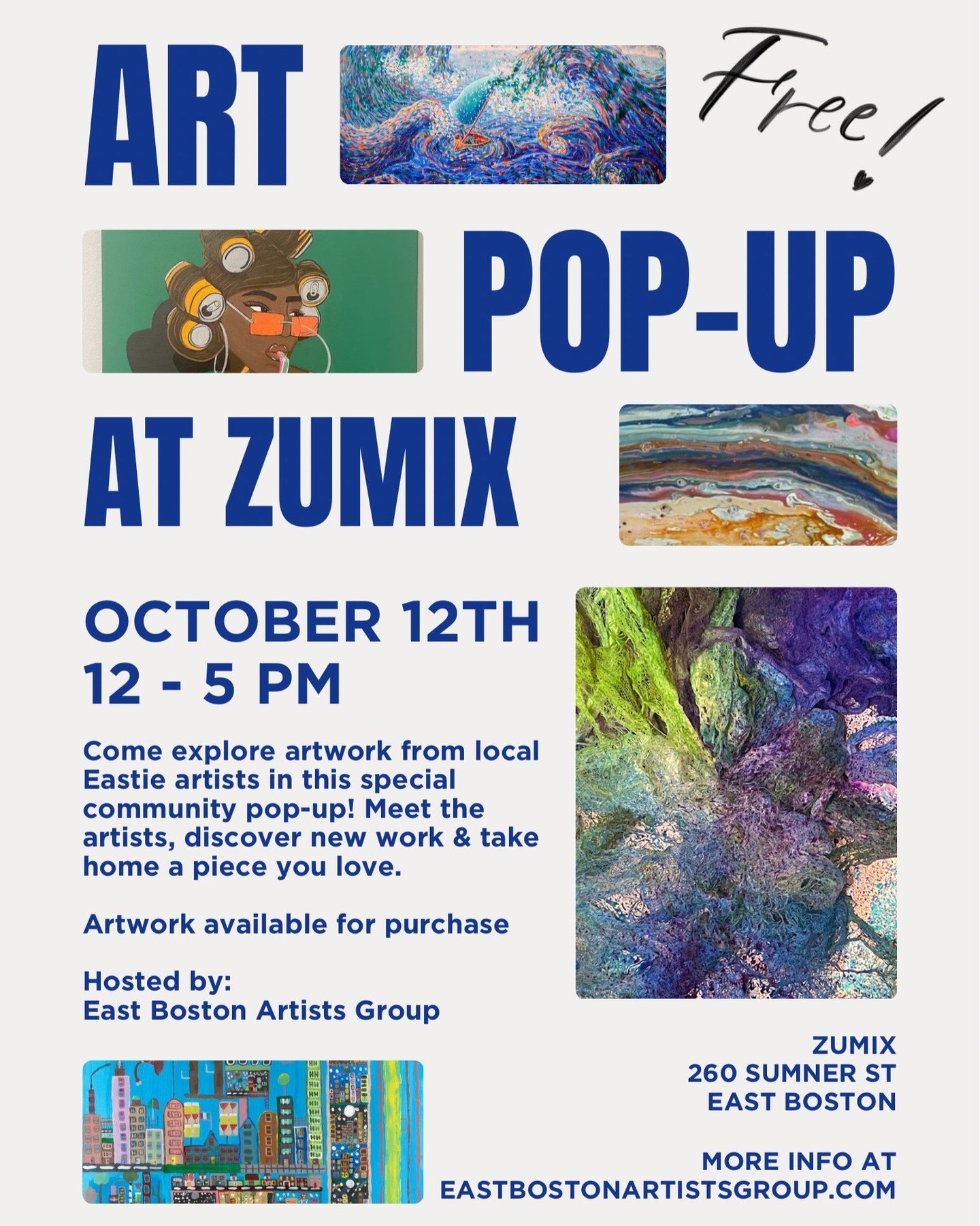 East Boston Artists Group has postponed Open Studios until May 2&amp;3, 2026...however, WE WILL STILL HAVE ART &amp; ARTISTS at ZUMIX on October 12th!! 😊
I hope some of you are able to attend! 

And don't forget: Harboring Creativity will be Novembe