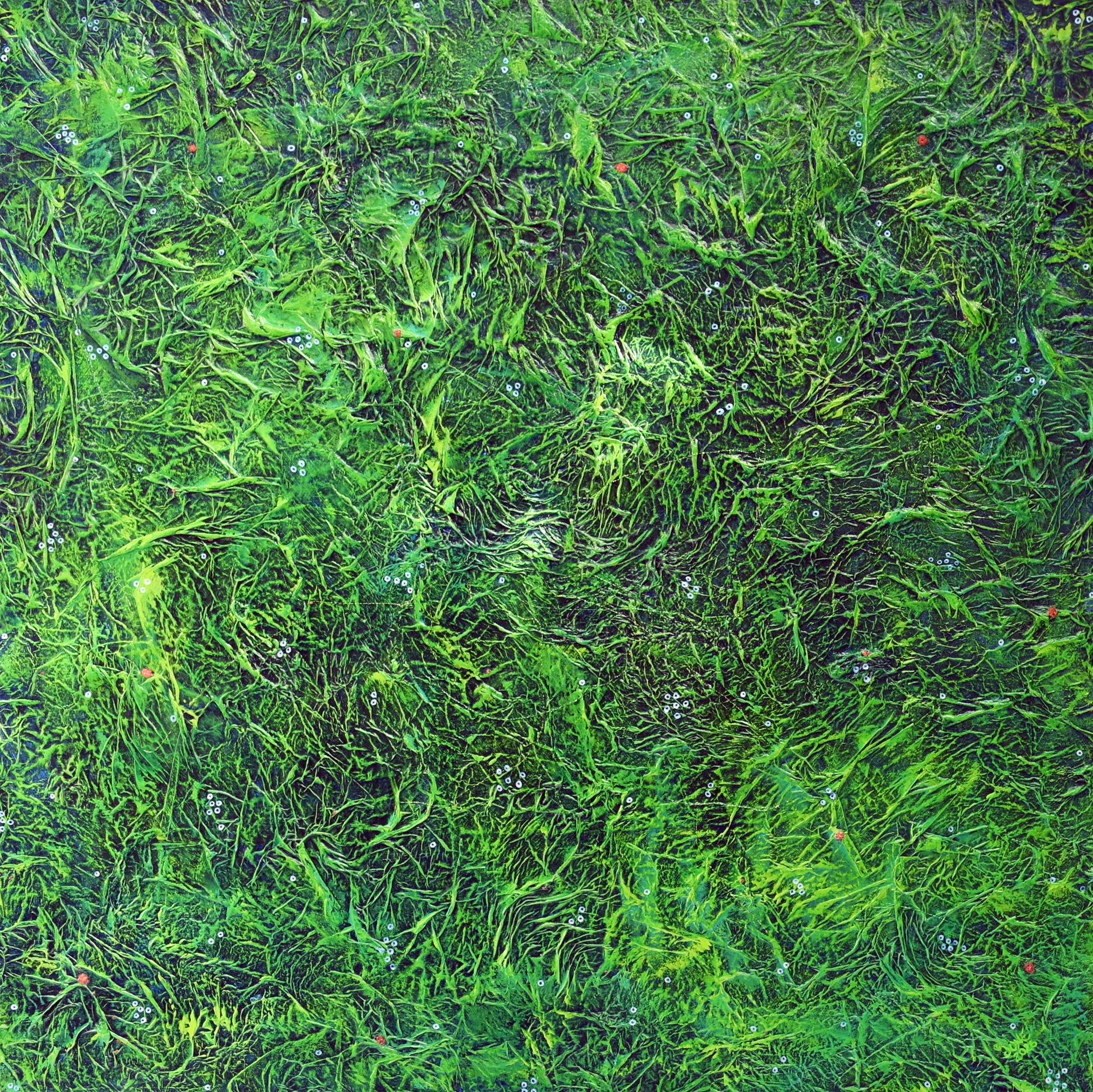 "Teeming with Life" Mixed Media (Modeling Paste; Tissue Paper; Elmer’s Glue-All; Gesso; Acrylic Paint; Glass Spheres; Metallic Blending Filament; Mod Podge – High Gloss Waterproof) on Stretched Canvas 24” H x 24” W x 1/2” D  2026 Photo: June Krinsky