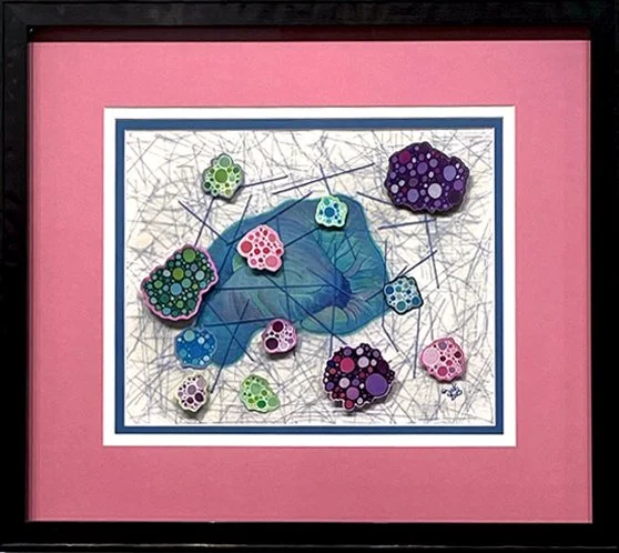 “Divergent Thinking: Thought Bubbles” - Mixed Media (Tissue Paper; Elmer’s Glue-All; Colored Vellum Paper; Scrapbooking Paper; Colored Pencil; Glaze Pen; Gel Pen; Acrylic Gesso; Embroidery Thread; Foam on Acid-Free Board). 11”H x 14”W x .25”D (19.75”