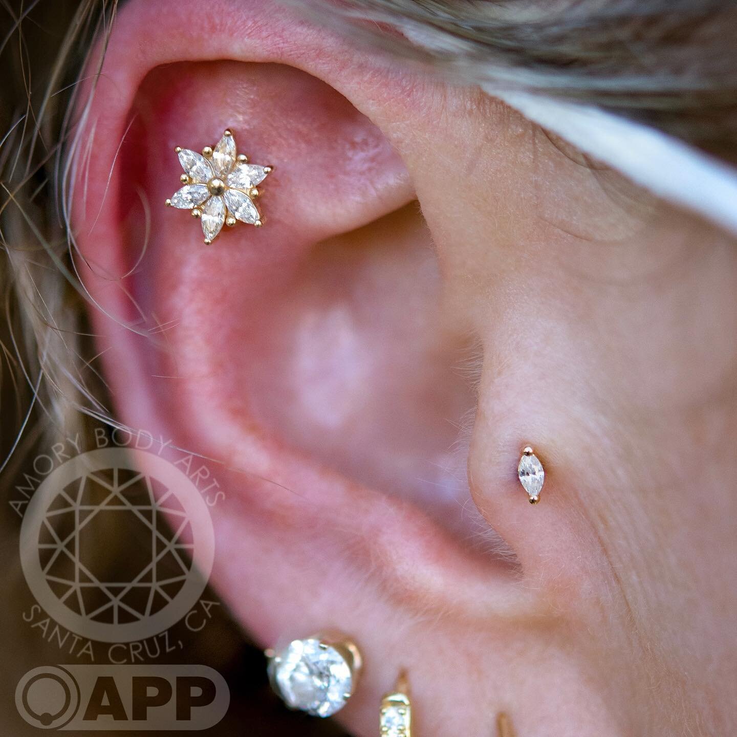 Have a look at these adorable cartilage piercings!✨

Featuring the classic combo of yellow gold and sparkly clear CZ&rsquo;s, Dan had the pleasure of doing  both their helix and tragus piercings, and we&rsquo;re thrilled with the result. 

🌟 Today&r