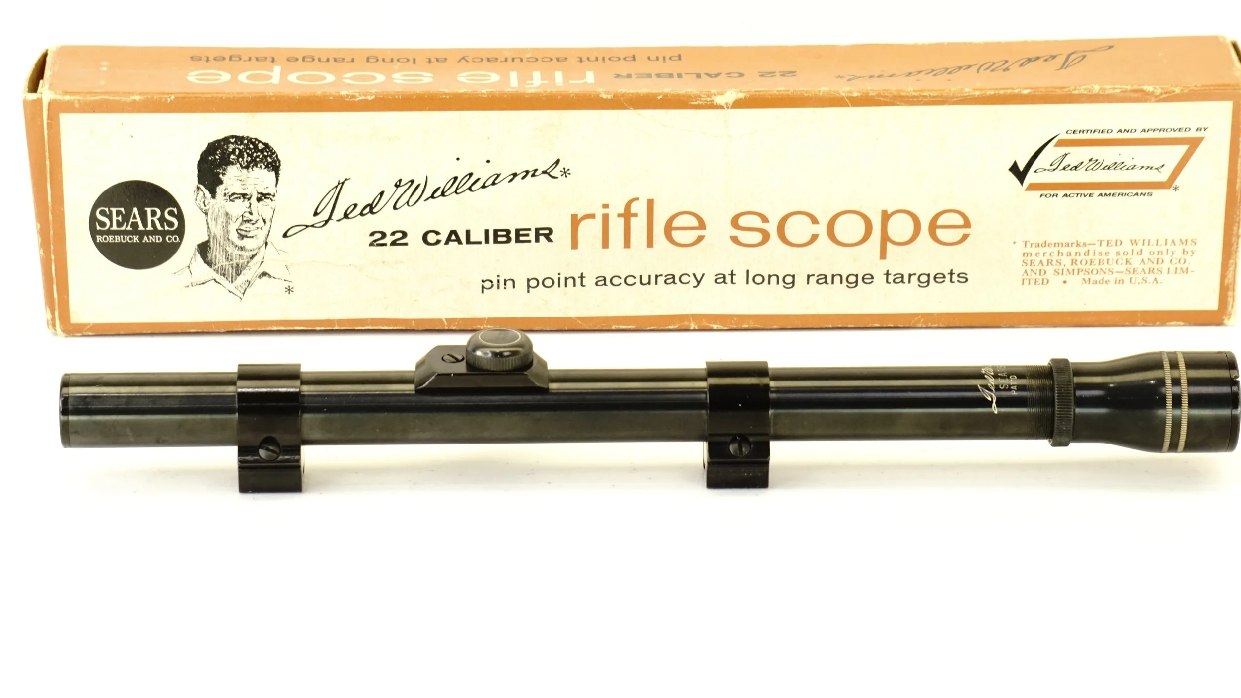Ted Williams Sears 4x .22 scope with rings. 3/4". New in Box, Crosshair - Refurbished.