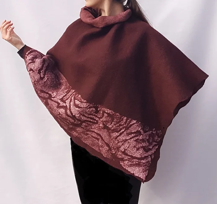 felted poncho in burgandy