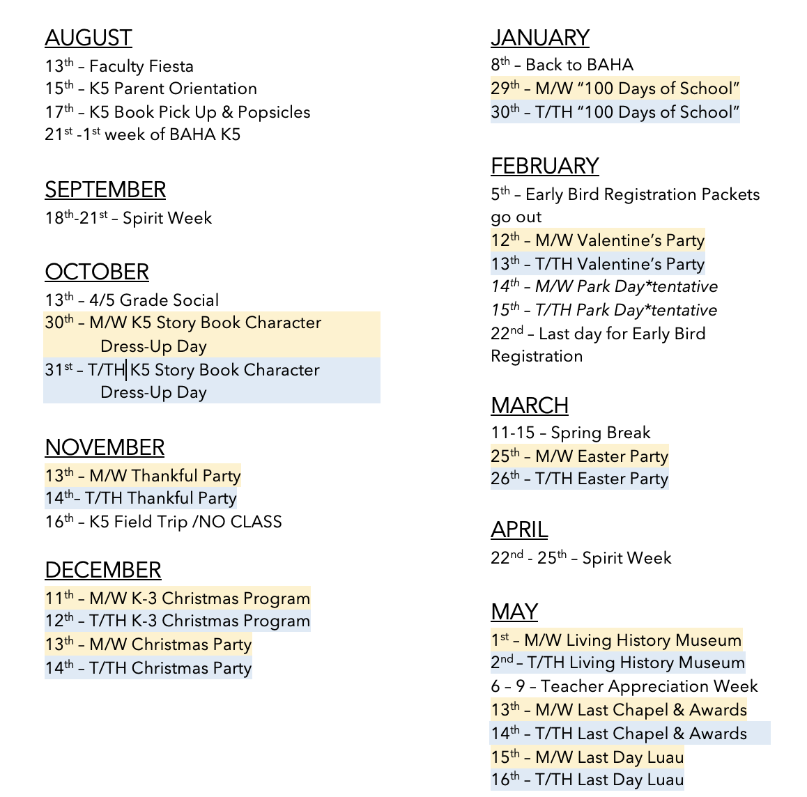 K5 Calendar — Bay Area Homeschool Academy