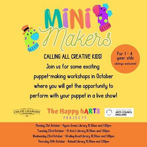 Looking forward to our first round of #puppetmaking #workshops for The Happy hARTS Project @nottmlibraries in #hysongreen #strellyroad #stannes and #bullwell supported by @aceagrams 🌈❤️