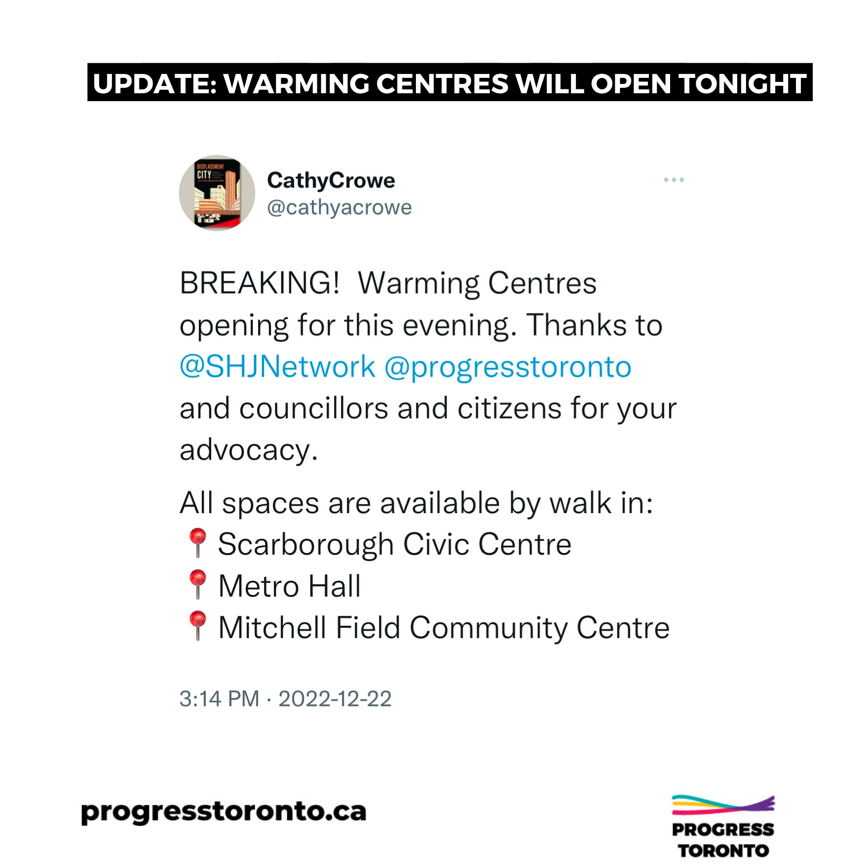 UPDATE: Warming Centres to Open Tonight