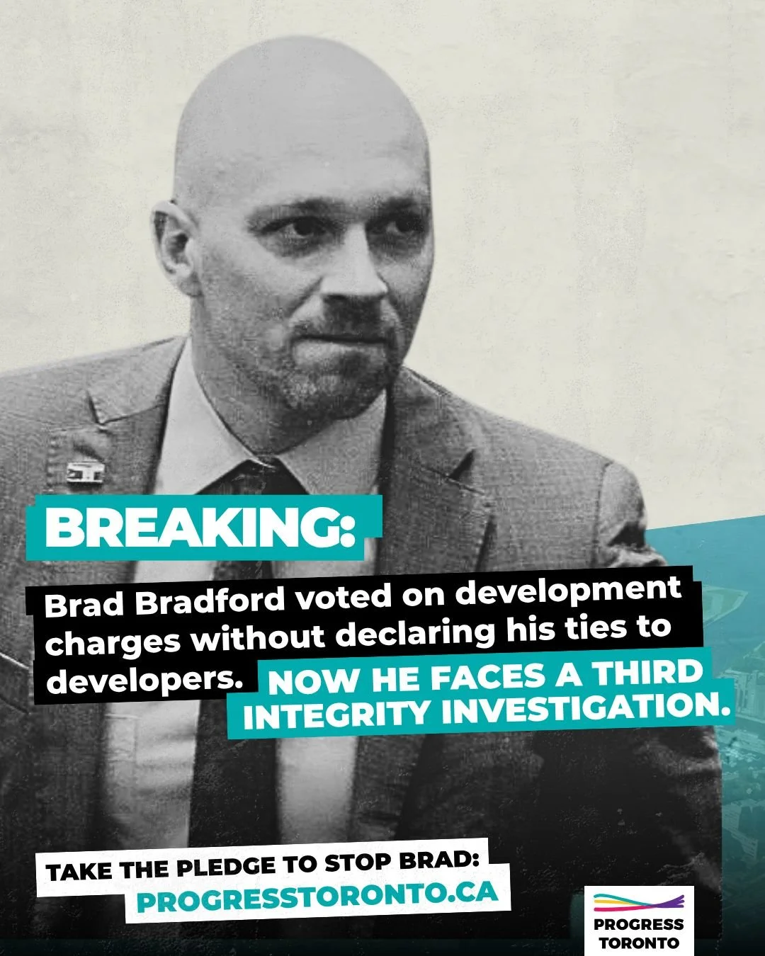MEDIA RELEASE:Brad Bradford voted on development charges without declaring his ties to developers. Now he faces a third integrity investigation.