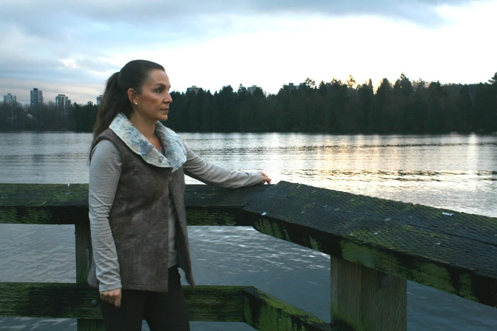 Robbin wearing Green Embassy near her home in British Columbia, Canada. This area (Burrard Inlet) could see a 700% increase in tanker traffic if the Kinder Morgan pipeline twinning moves ahead.