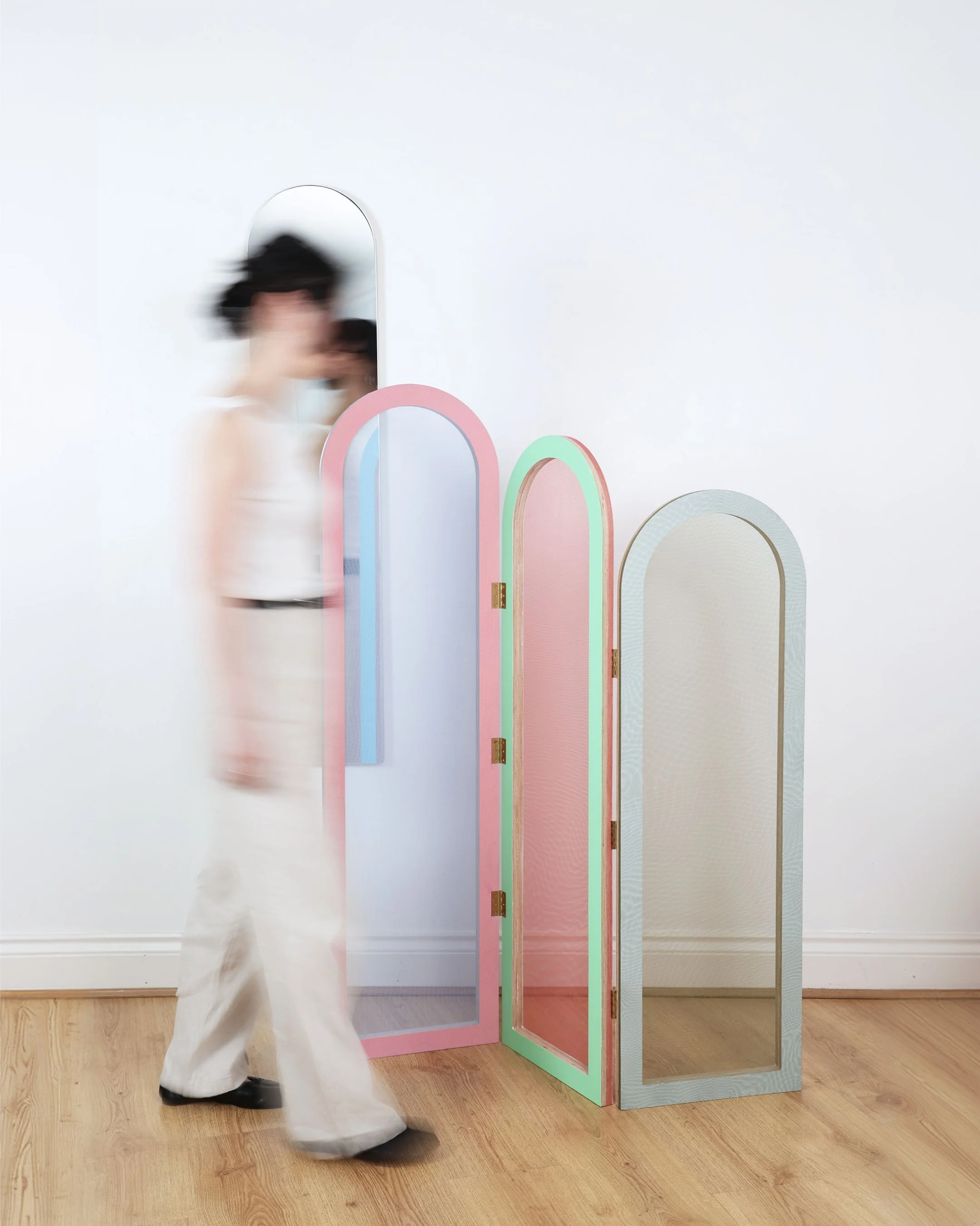   Folding Screen Paintings   2026, Acrylic and nylon tulle on birch plywood with brass and mirror, 130 × 35 × 7.2 cm (folded), 130 × 105 × 2.4 cm (open)   