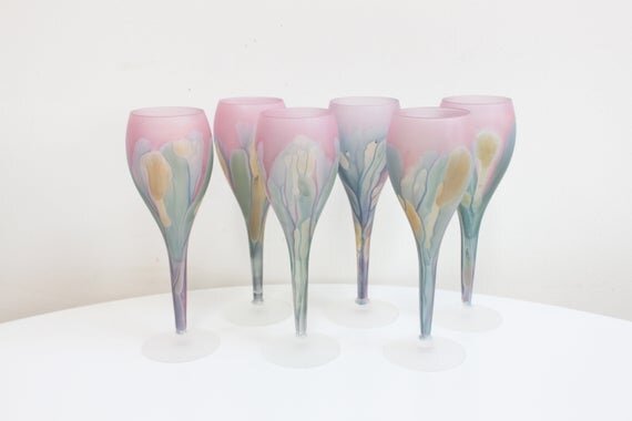 Reuven Art Nouveau Fluted Wine Glasses Handblown Glass 