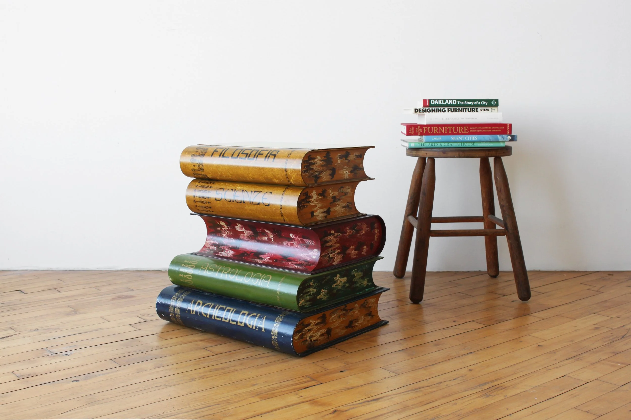 Fornasetti Style Trompe l'Oeil Table- Stack of Book  Storage Trunk- Astrology, Philosophy, Archeology, Geography, Science