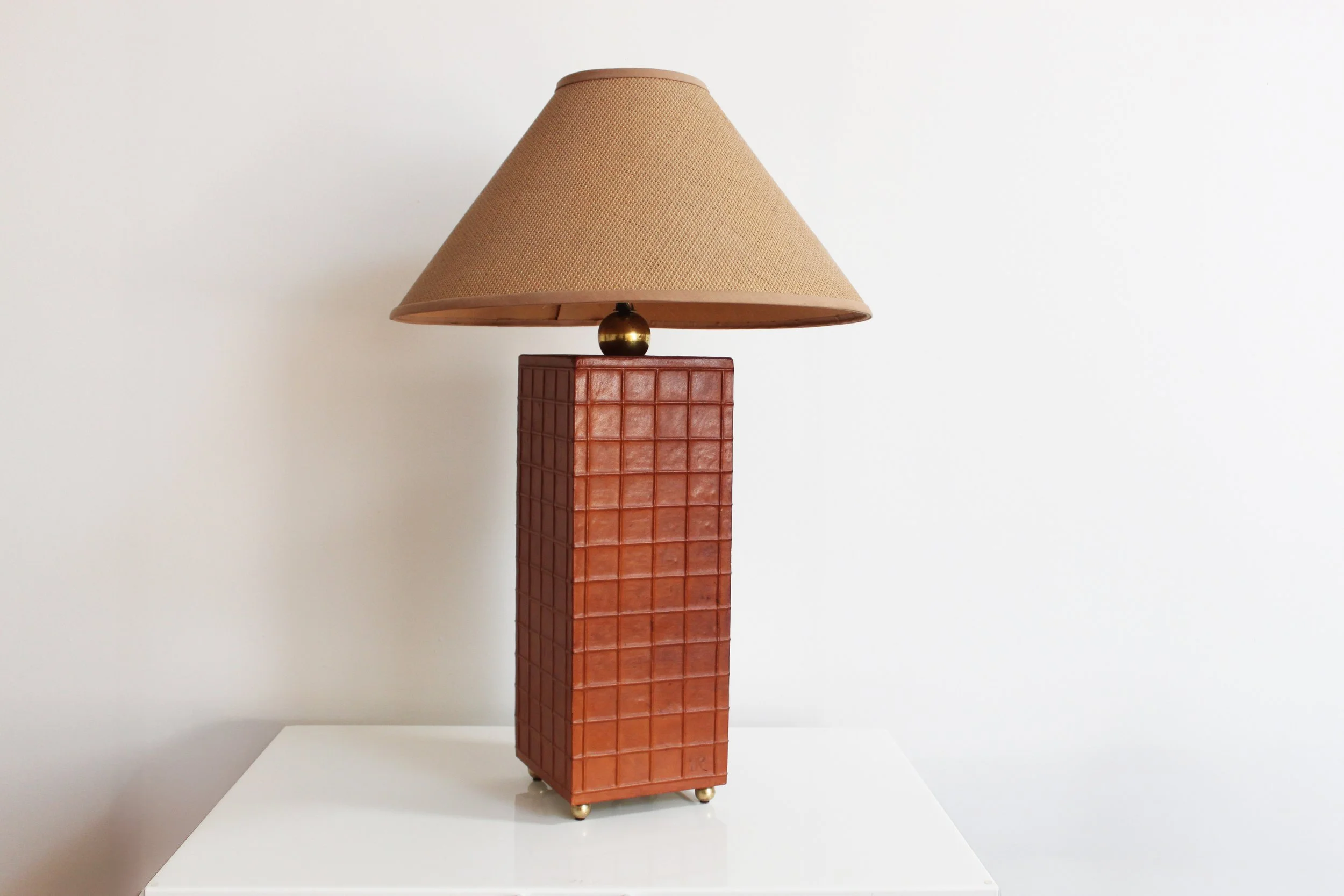 Vintage Ralph Lauren Leather Grid and Brass Ball Table Lamp