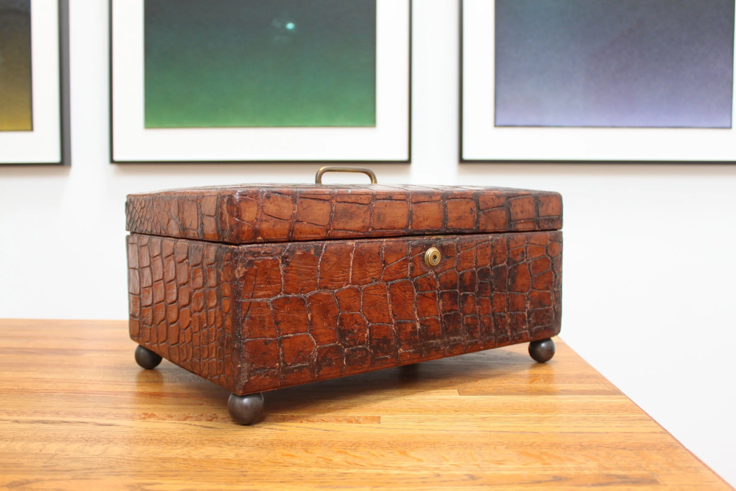 Antique Alligator Leather Humidor Box w/ Bramah Lock