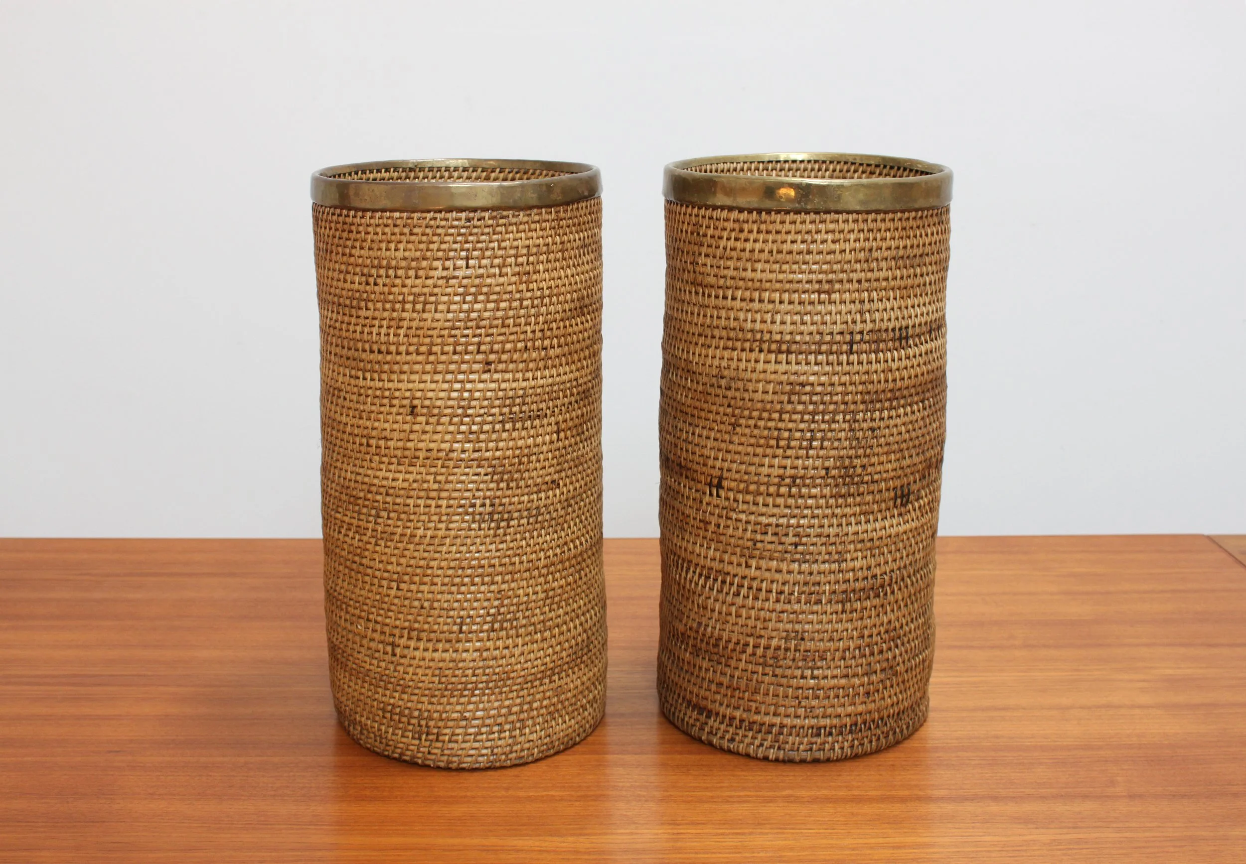 Pair of Vintage Italian Brass & Rattan Basket Umbrella Stands
