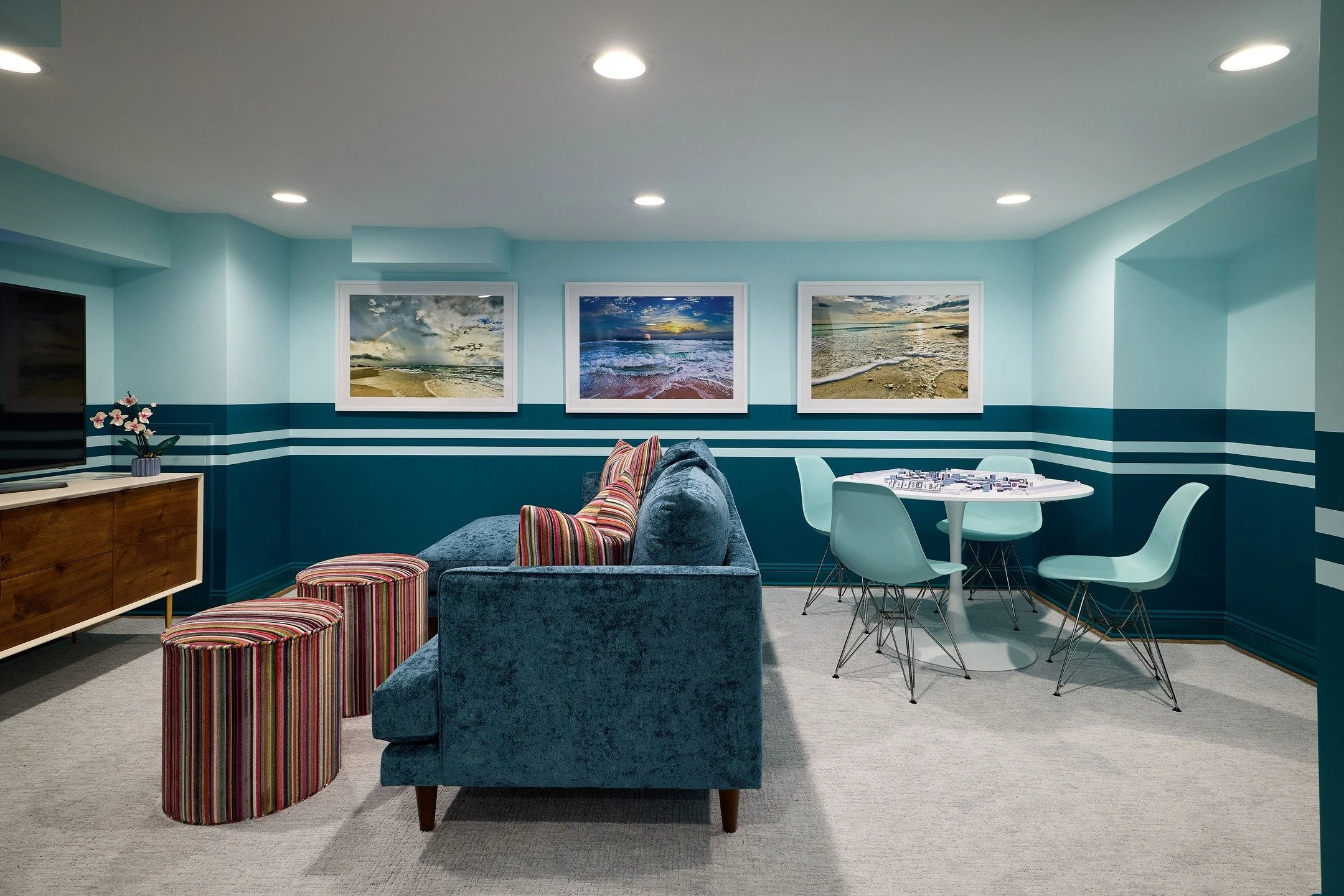 The inspo for this teen lounge was these Eiffel chairs in mint green. The painter did an amazing job painting the custom stripe pattern. It's the perfect place for teens to hang out. Is that even cool to say anymore? Swipe for the BEFORE!

Photos: @j