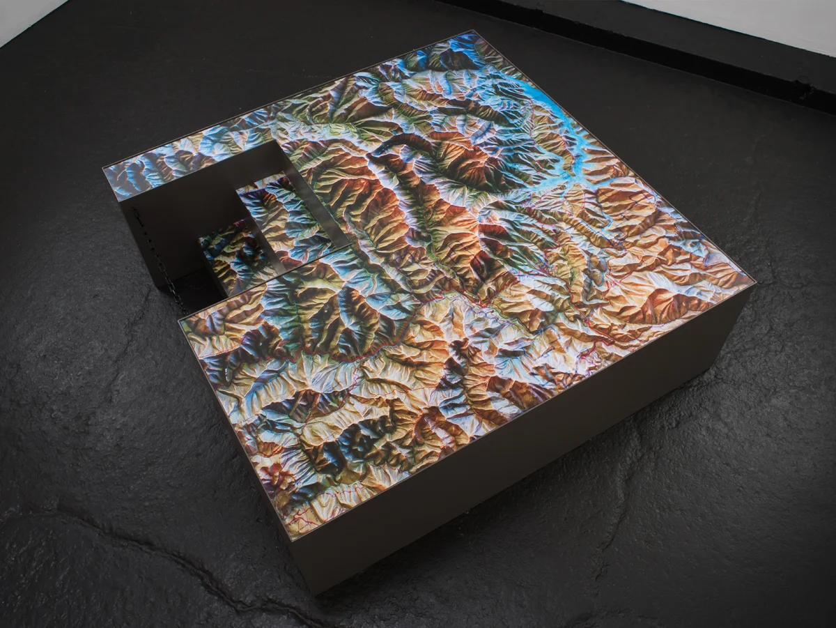 Trinity , 2011 Wood, paint, chain, and photographs 80 x 80 x 40 inches ————