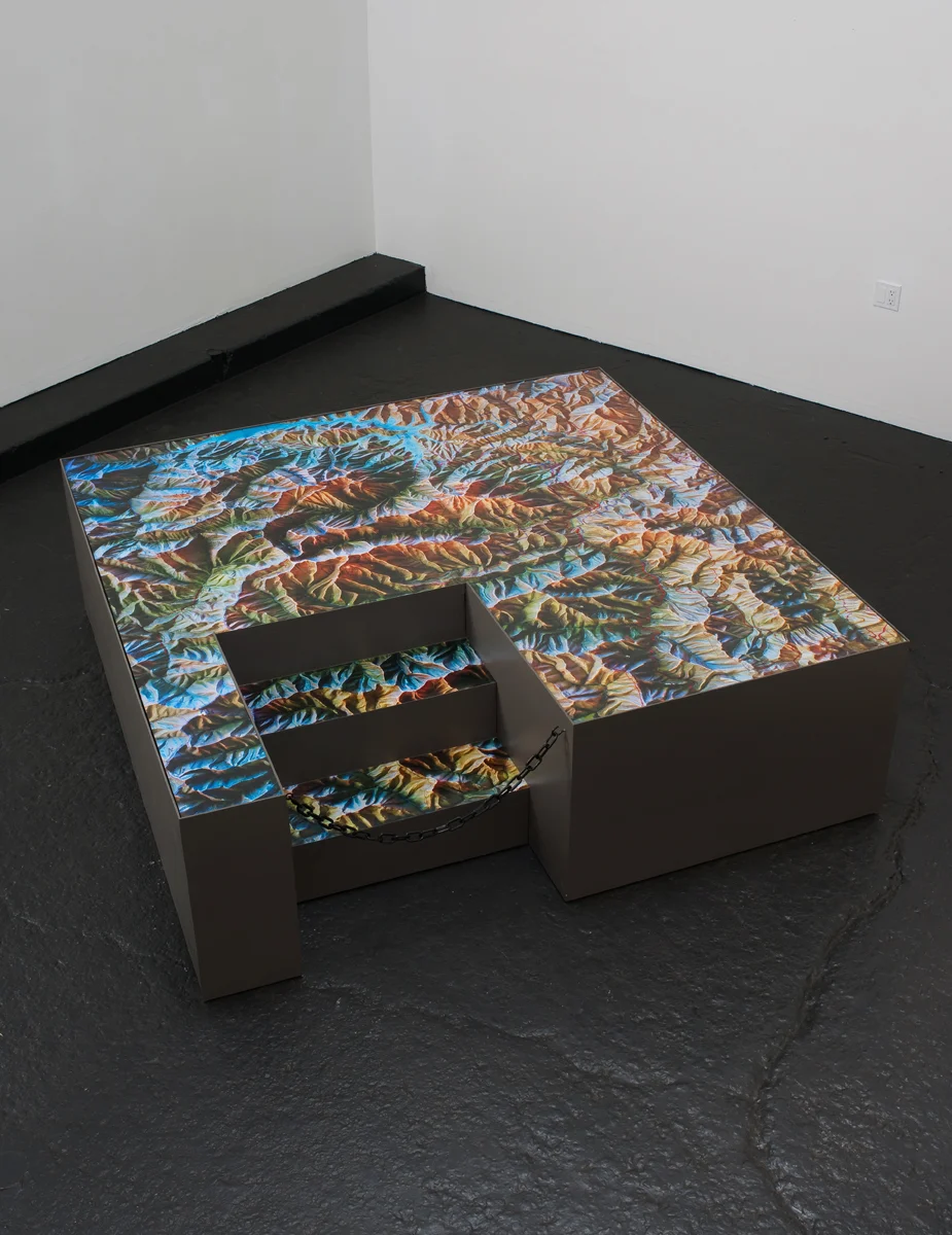 Trinity , 2011 Wood, paint, chain, and photographs 80 x 80 x 40 inches ————