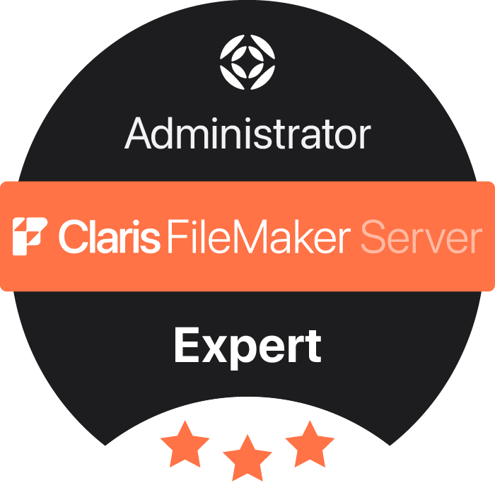 Badge with a black background and white text indicating 'Administrator' at the top, 'Claris FileMaker Server' logo and text in the middle on an orange band, and 'Expert' at the bottom, with three orange stars below.