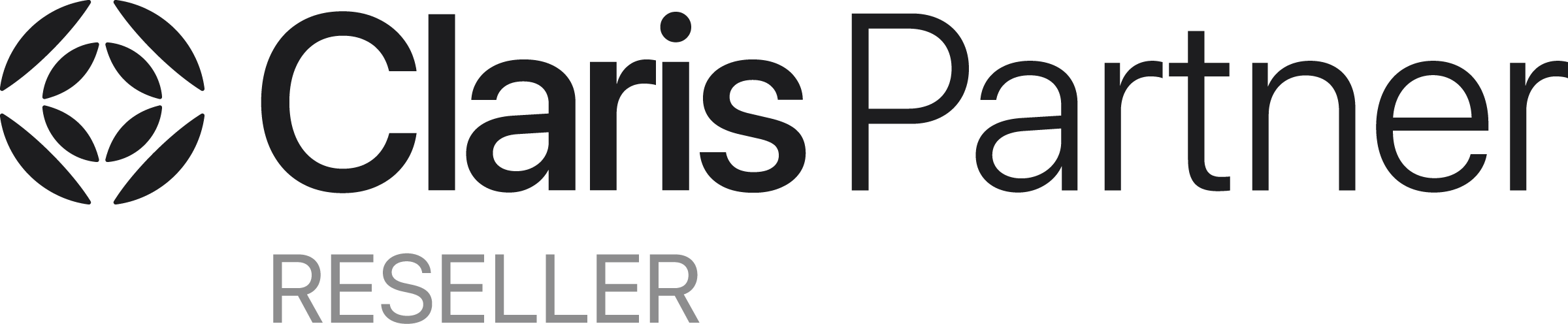Black and white Charis Partner logo with a stylized circular symbol and the words 'Claris Partner Reseller' in black text.